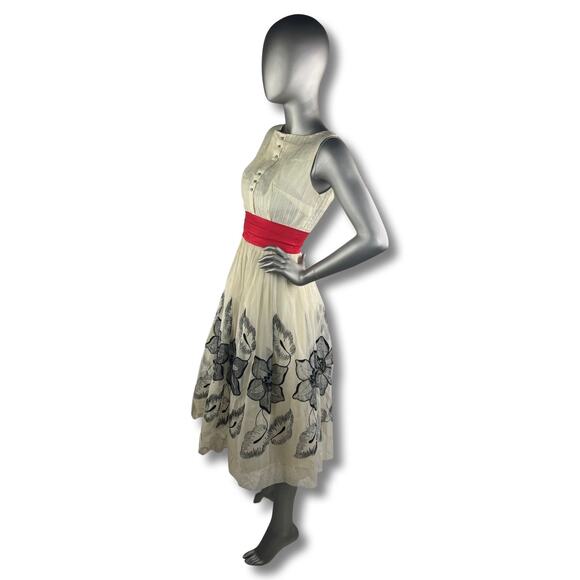 Vintage 1950s Cream Dress with Flocked Floral Skirt Size XS to Small - Picture 4 of 5